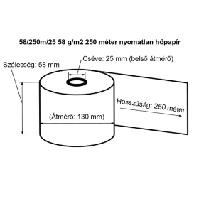 Hőpapír 58mm széles, 250fm  hosszú, cséve 25mm, BPA mentes nyomatla, TOMRA visszaváltó gépehez Bluering®