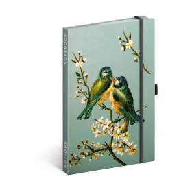 Keménytáblás notesz pontozott krémszínű lapokkal leszorító gumiszalaggal Birds 130x210mm, Realsystem 2025.